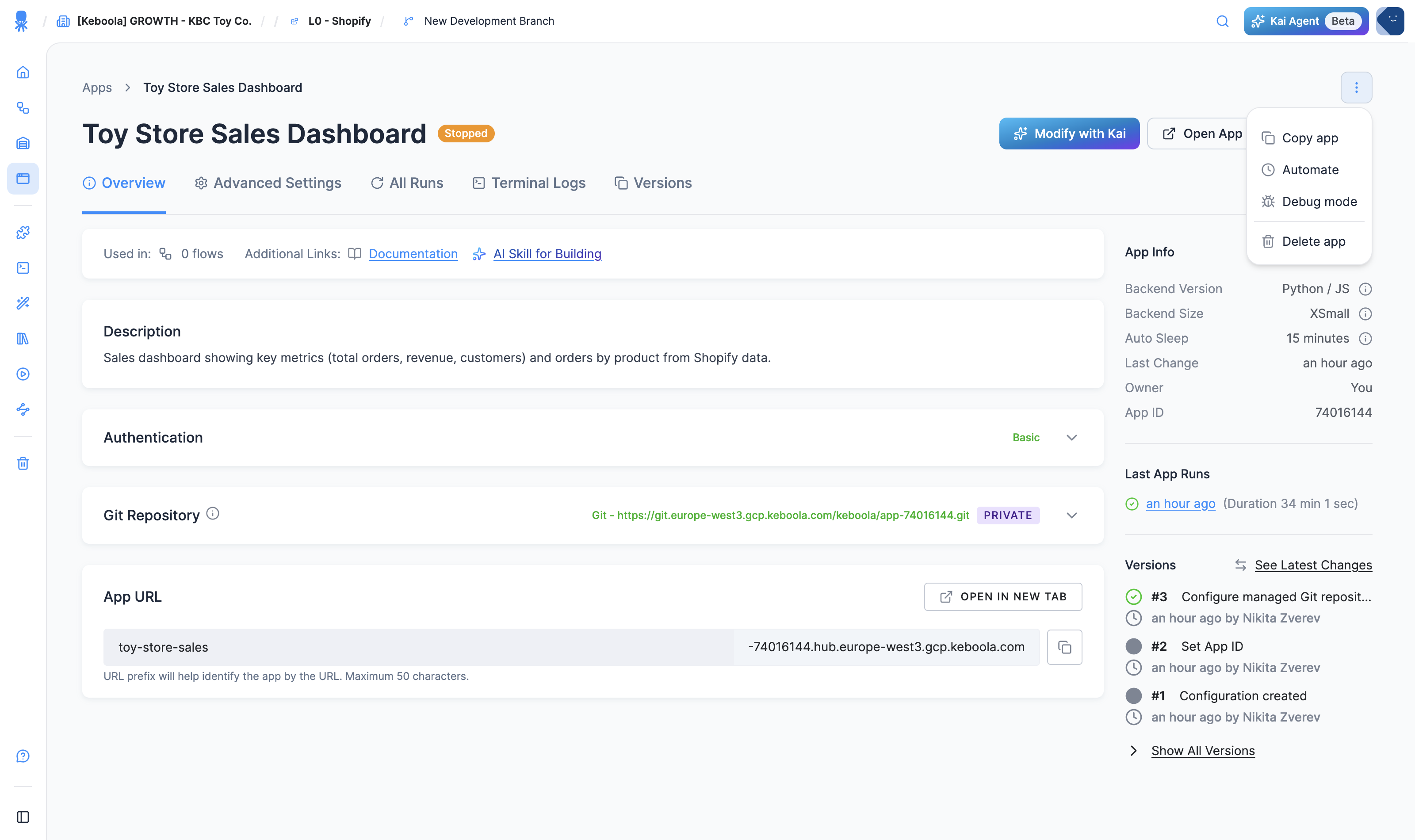 A stopped app's header with Modify with Kai and Open App, and the ⋯ menu open: Copy app, Automate, Debug mode and Delete app